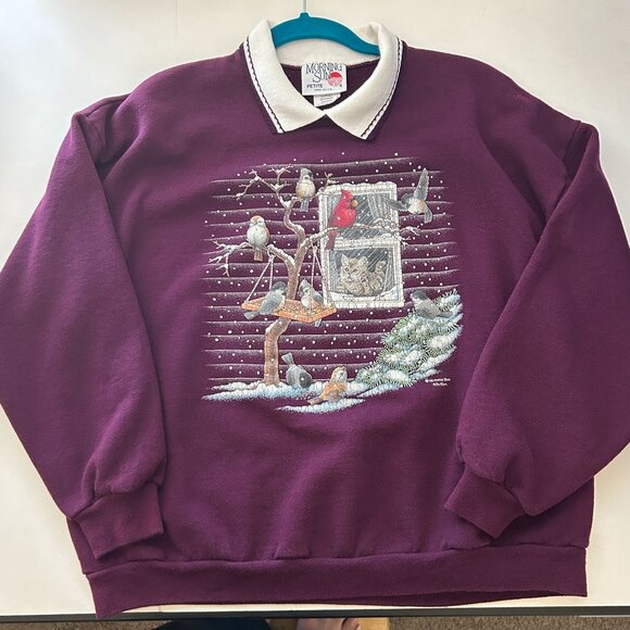 Vintage Morning Sun Sweatshirt Collared Purple Kitten Birds Grandmacore Petite L - Picture 3 of 14